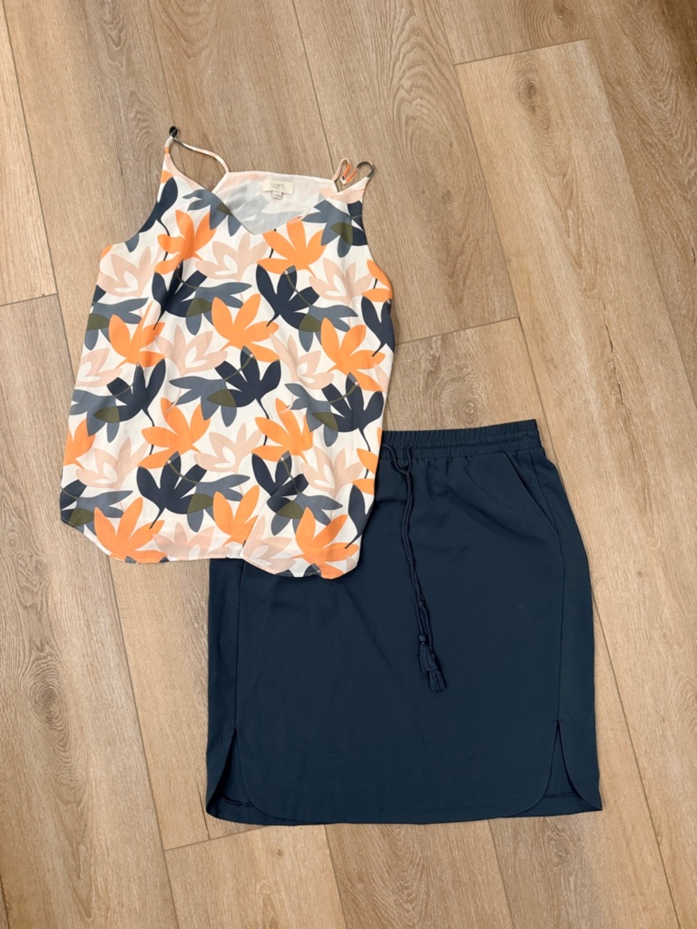 Floral Print Spaghetti Strap Tank with Navy pencil cut Skirt both by Loft